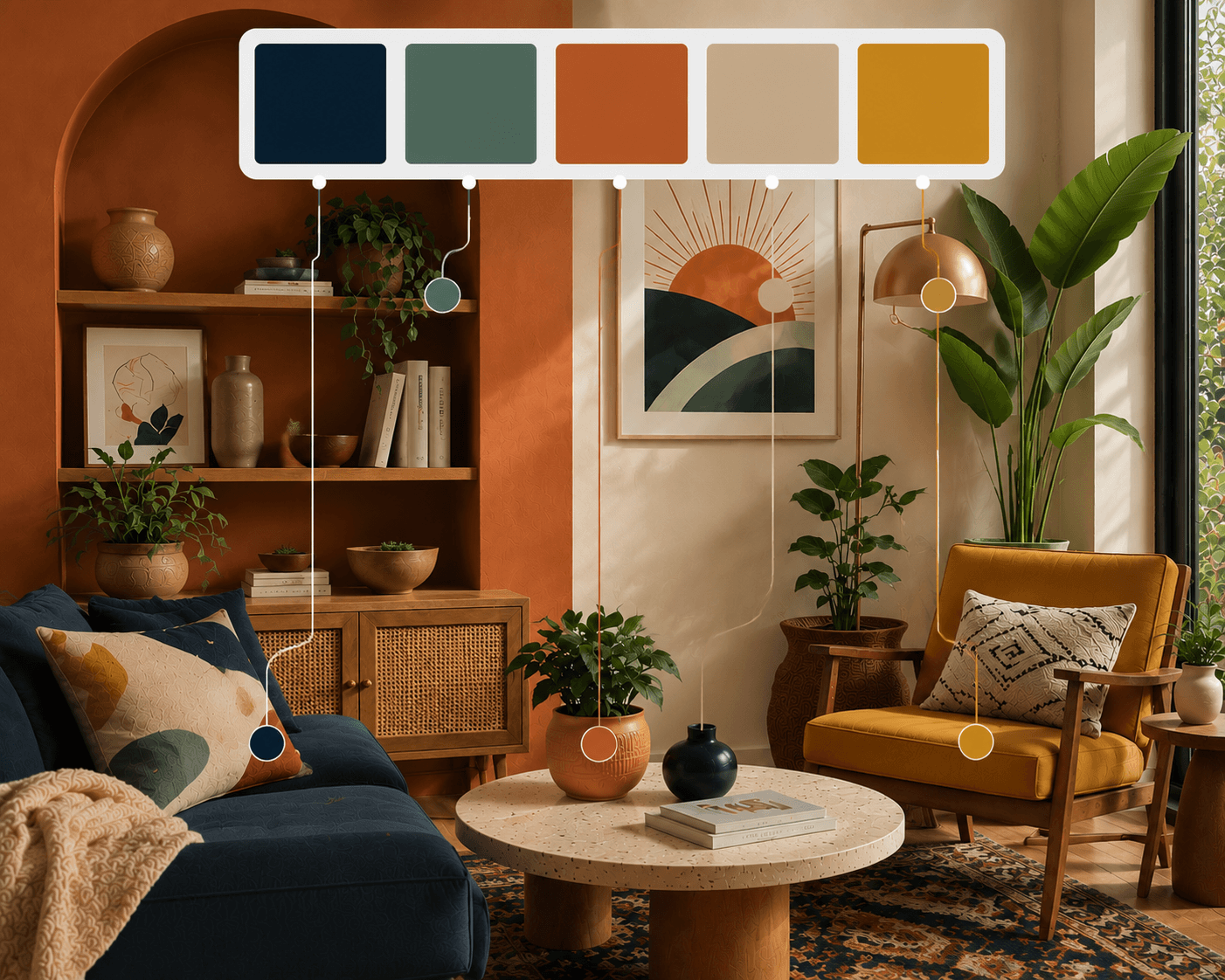 PixHue color palette generator creating harmonized color schemes from an interior design setting